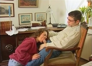 Brown-haired chick blowing her dad